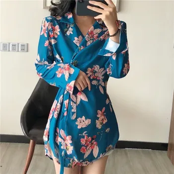 

Hot Sale 2019 Fashion Autumn Vintage Floral Print Blazers Blouse Women Slim Belt Long Sleeve Thin Long Shirts