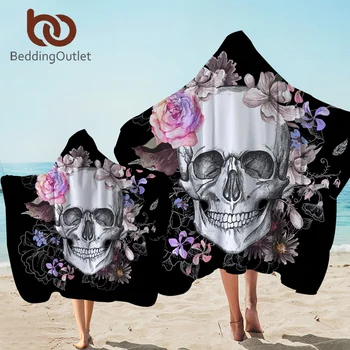 BeddingOutlet Sugar Skull Hooded Towel Gothic Bathroom Towel for Adult With Hood Floral Microfiber Wearable Beach Wrap serviette 1