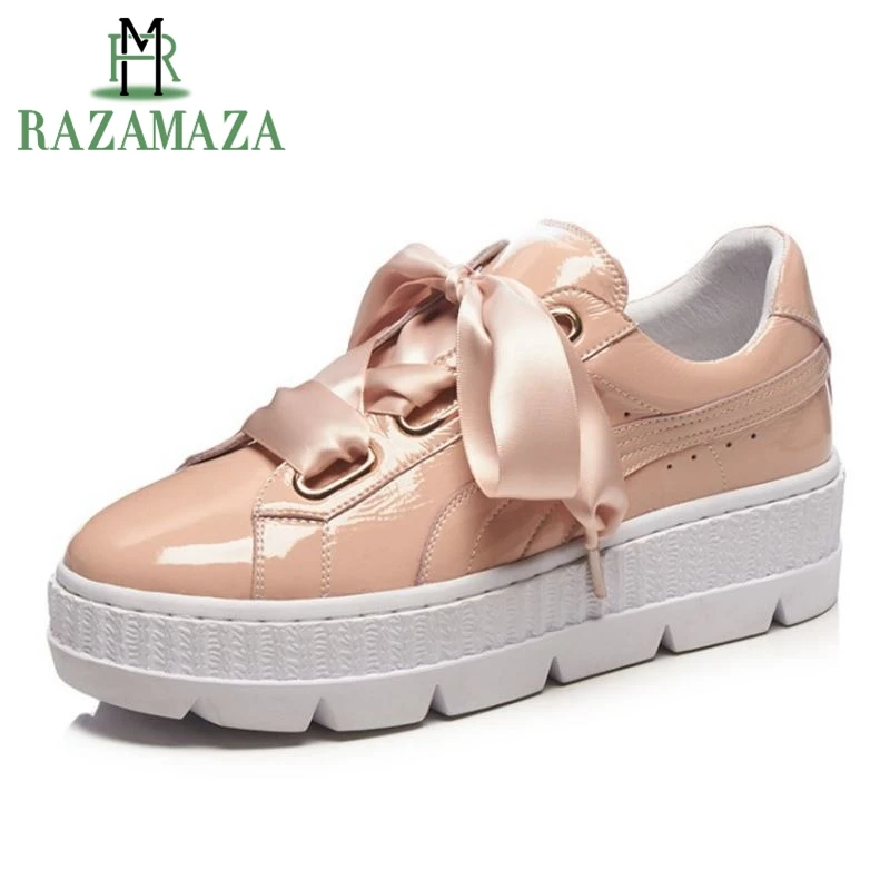 

RAZAMAZA Fashion Women Genuine Leather Flats Shoes Women Round Toe Lace Up Flats Shoes Women Daily Party Women Shoes Size 34-39