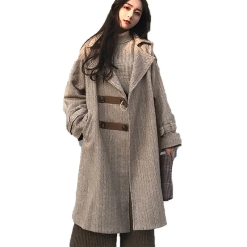 

2018 Autumn Winter Korean Style Women Woolen Coat Loose Long Sleeve Overcoat Female Double-breasted Wool Blends Outerwear H391