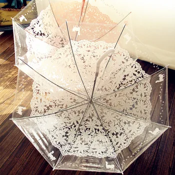 

Latest Woman Umbrella Cute Fresh PVC Transparent Lace Flower Umbrella Lady Princess Long/Rain Umbrella