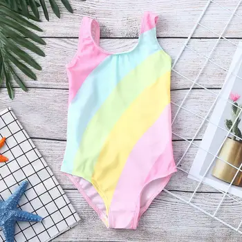 

2019 Children Swimsuit Girls One Piece Children's Sleeveless Summer Backless Bow Rainbow Striped Swimsuit One Piece playa bebeA1