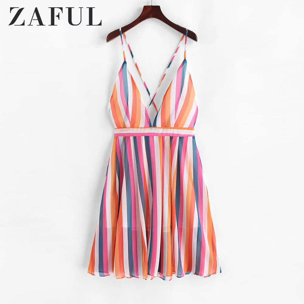 ZAFUL красочные полосы крест накрест линия Cami платье Спагетти ремень полосатый