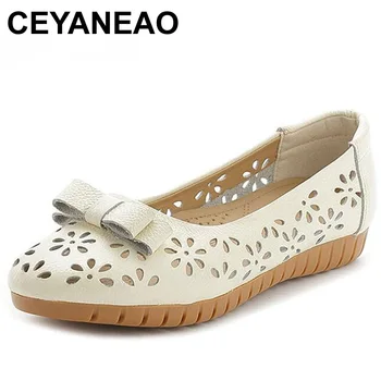 

CEYANEAO 2019 Bow Genuine Leather Women Shoes Summer Cut Out Flower Women Shoes Soft Bottom Flats Loafers Size 35-41 E1529