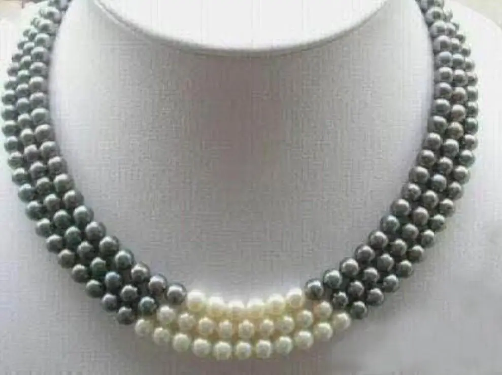 

06592 beautiful free shipping3Rows Black White Natural Pearl Necklace