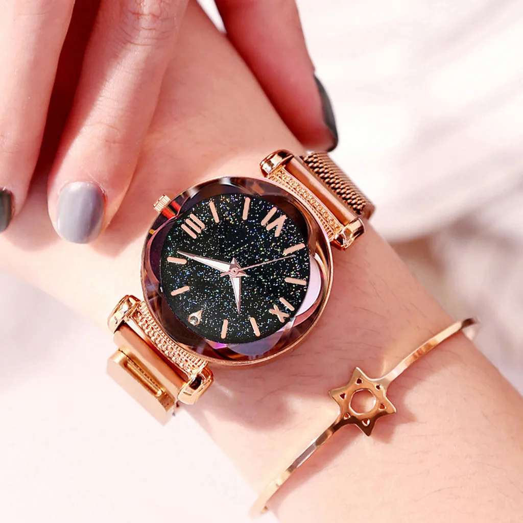 

Fashion Women Magnet Buckle Starry Sky Watch Mesh Belt ladies women Wrist watches Dress watch gifts Wrist Party decoration rose