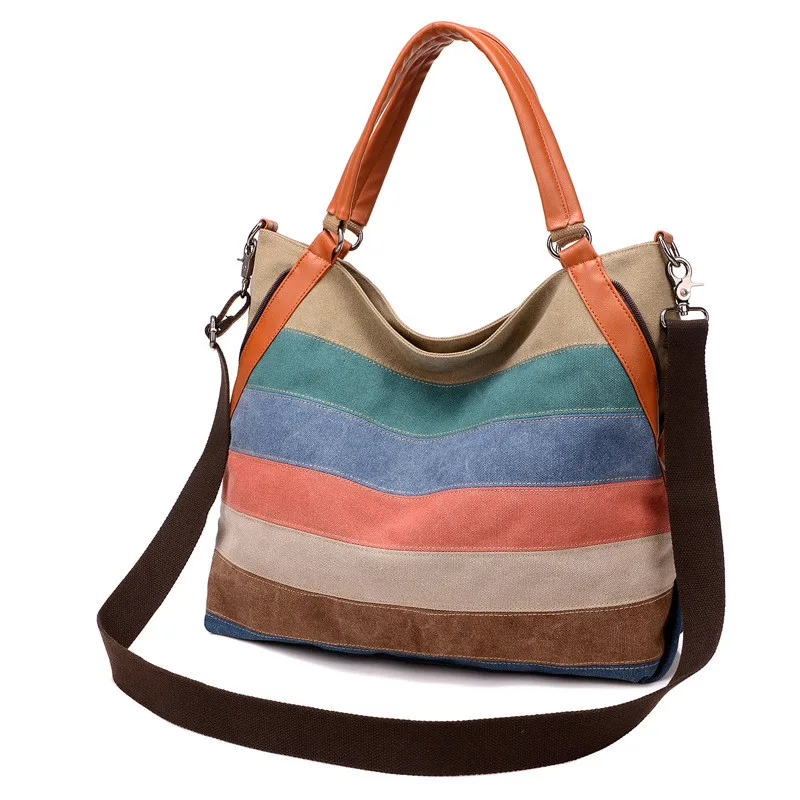 

Korean Version Handbags College Style Ladies Canvas Bag Multicolor Stripes Fashion Retro Large Capacity Shoulder Crossbody Bag