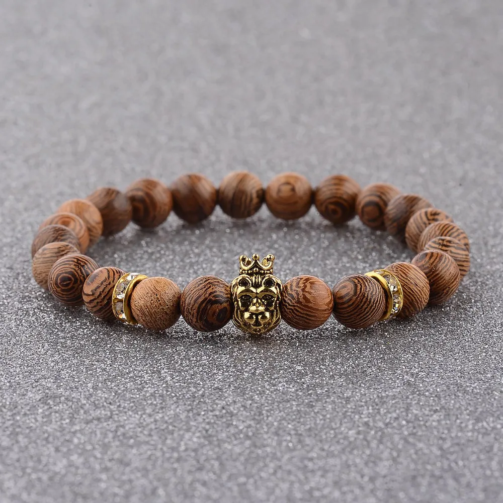 

DOUVEI Men's Wooden Beads Crown Lion Bracelet Natural Crown Charm Strand Bracelets Bangle Prayer For Man Male Jewelry