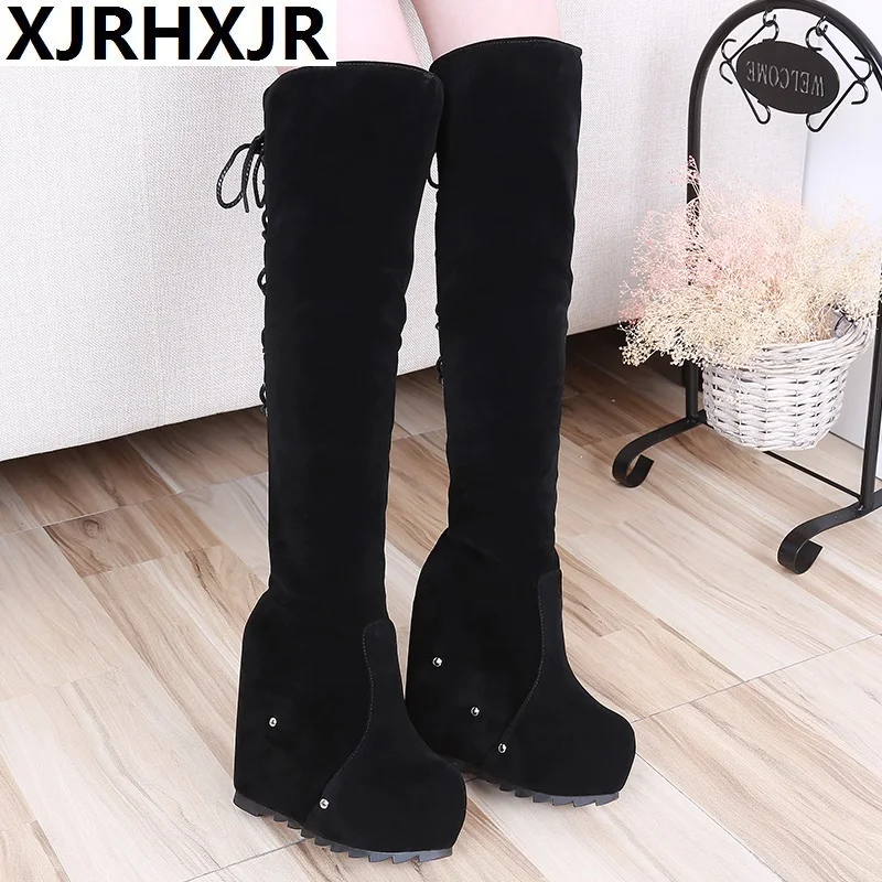 

High Boots Female Winter Boots Women Knee High Boots Wedge Heel Sexy Fashion Shoes 2019 Increased Platform Black Slip-On Boots