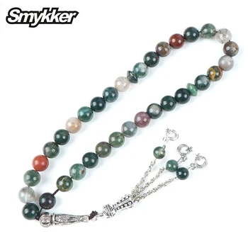 

Colorul Stone Rosary India Agate 33pcs Tesbih 8mm Beads for Islamic Muslim Prayer Rosarys with Tassel Bell Star Silver Bracelets