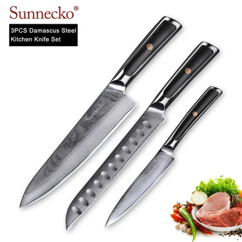 

SUNNECKO 3PCS Kitchen Knives Set Chef Bread Utility Knife Cooking Tools Japanese Damascus VG10 Steel Core Sharp Blade G10 Handle
