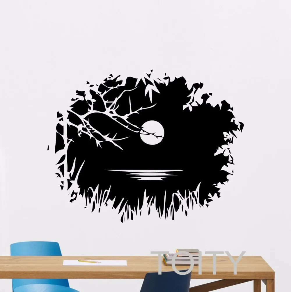 Nature Landscape Wall Decal Moon Lake Tree Vinyl Sticker Night Scenery Home Interior Room Art