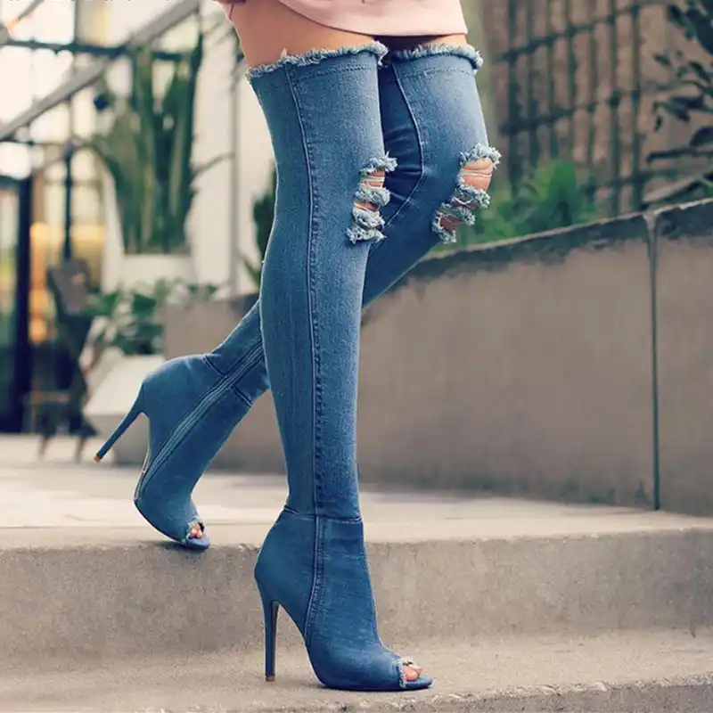 denim high knee boots
