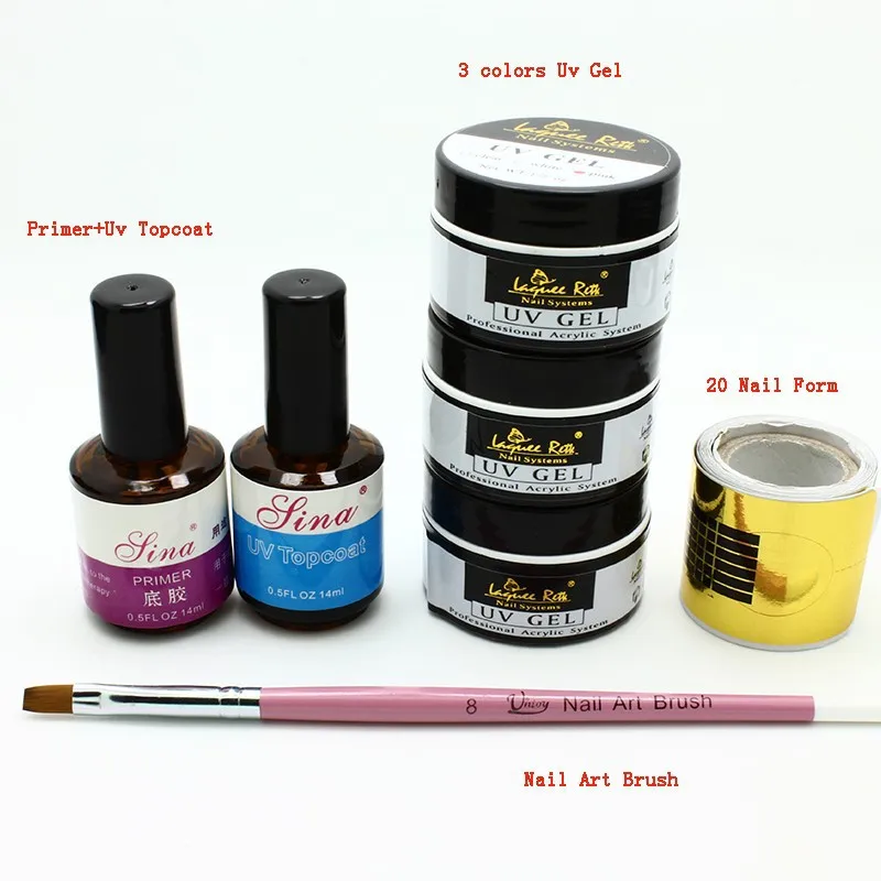 2014 New 8 Items Pro Super Uv Nail Gel Brush Pen Base Coat Primer Nail Tips Form Glue Tool Acrylic Nail Set Dropshipping