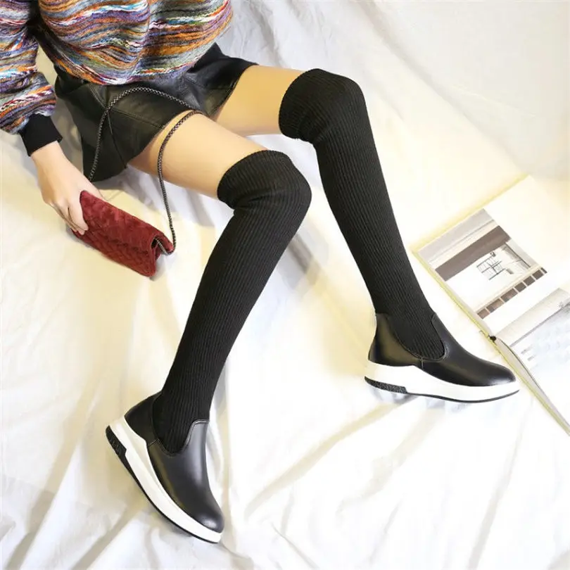 

NAYIDUYUN Women Black Stretch Knit Stocking Over The Knee Boots Thigh High Punk Goth Sneakers Wedge Platform Long Pumps Shoes