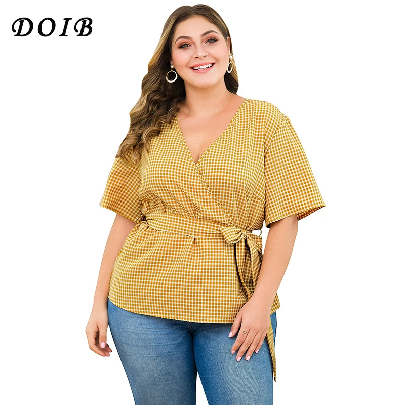 

DOIB Plus Size Plaid Shirt Deep V Neck Short Sleeve Sashes Shirt XL 2XL 3XL 4XL