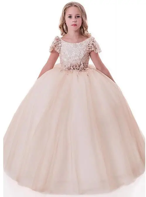 Charming Flower Girl Dresses With Belt Beaded 3D Flowers Lace Tulle Scoop Neckline Cap Sleeves Full Length Ball Gown Charming Flower Girl Dresses With Belt Beaded 3D Flowers Lace Tulle Scoop Neckline Cap Sleeves Full Length Ball Gown