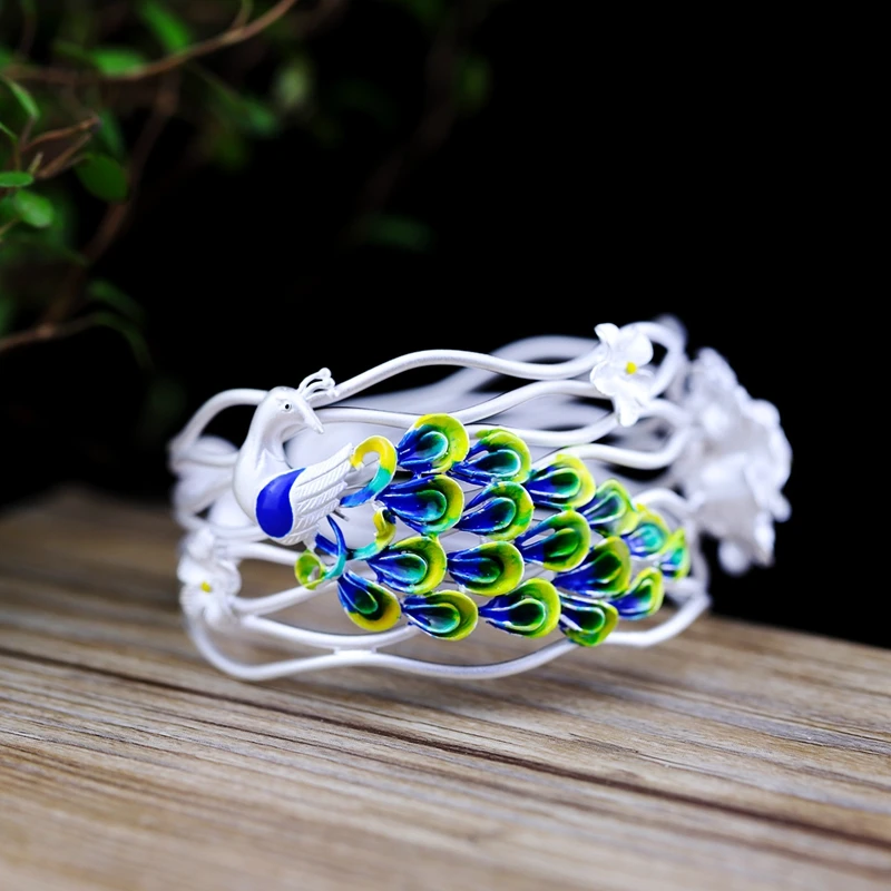 

LouLeur 999 sterling silver peacock bangles pure handmade original design drop glaze flowers peacock bangles for women jewelry