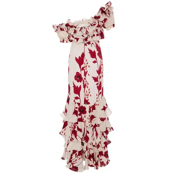 

Printed Ruffles Women Dresses 2018 Summer new Off-shoulder red slim long sexy lady elegant party dresses top quality