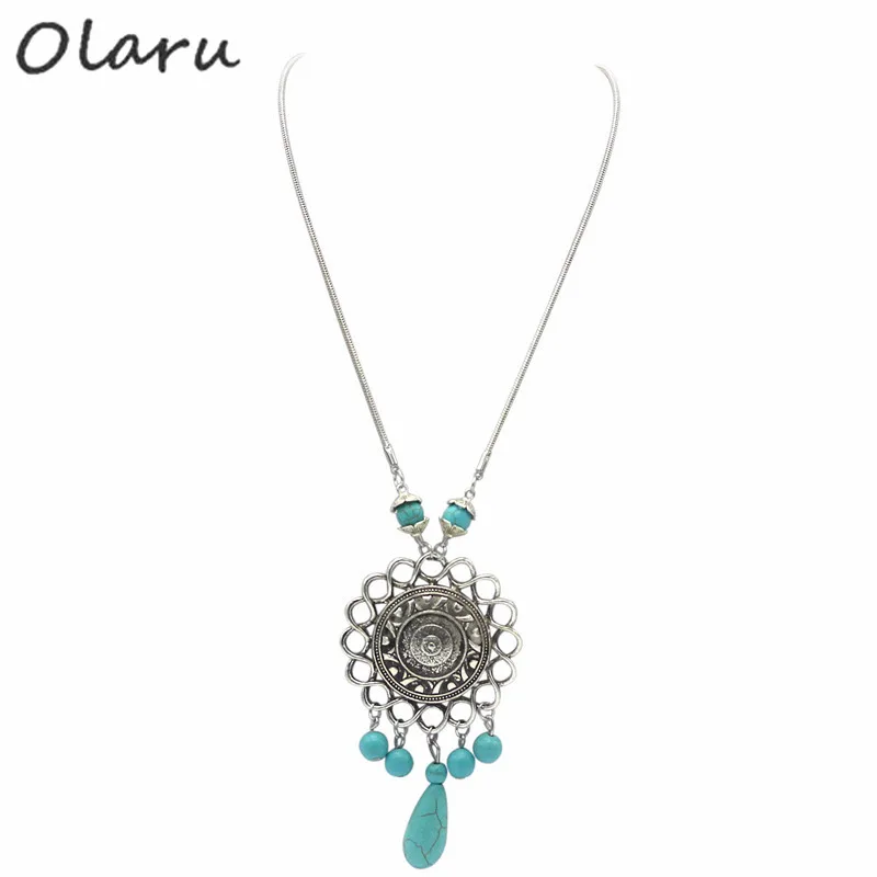 

Olaru New Arrival Free Shipping Tibet Jewelry Hot Zinc Alloy Vintage stone Sun Pendant Retro Drop Necklace for WomenZS-022