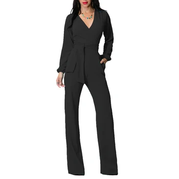 

Plus size women office work wear long aleeve jumpsuit romper 2020 long sleeve autumn elegant sexy v neck Party bandage overalls