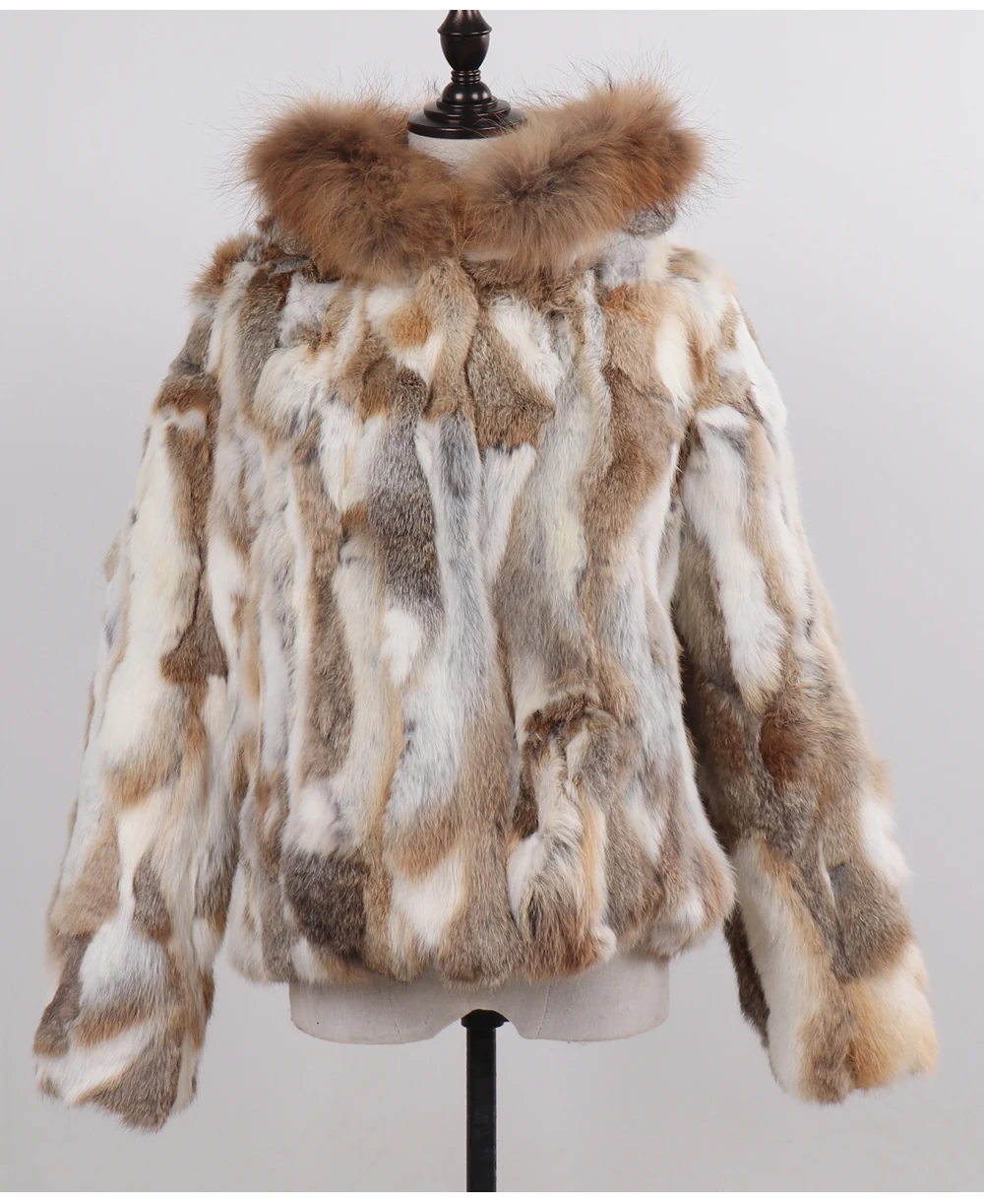 Новые брендовые зимние пальто из натурального меха, женские теплые куртки из натурального кроличьего меха с воротником из меха енота, женские пальто с капюшоном из натурального меха