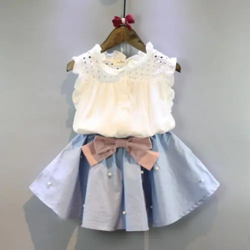 

Summer Kid Baby Girl Ruffle Neck Sleeveless Shirt Blouse Tops+Bowknot Tutu Mini Skirt Dress 2Pcs Clothes