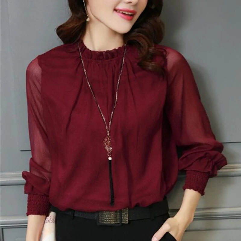 

Chiffon Blouse 2019 New Women Tops Long Sleeve Stand Neck Work Wear Shirts Elegant Lady Blouses Casual Solid Color Blusas