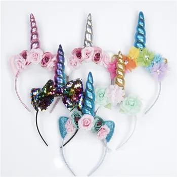 

10ps/lot Girls Unicorn Hairband Kids Tiara Party Flower Gold sequin Beautiful Kids Bows Hair accessories Hair Bands