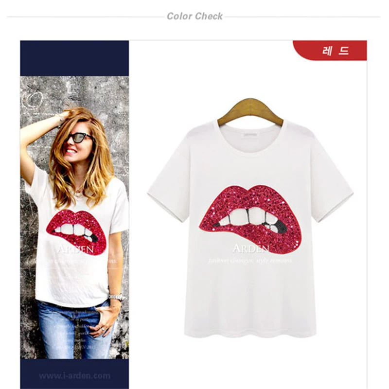 

Katoen t-shirt vrouwen Tops Sexy Lip Sequin Top T-shirt Vrouwen Clothing Zomer Korte Mouw o-hals Camiseta Poleras De Mujer