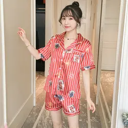 2019 Летние повседневные полосатые шелковые атласные пижамные комплекты с короткими рукавами для женщин, шорты с принтом, одежда для сна