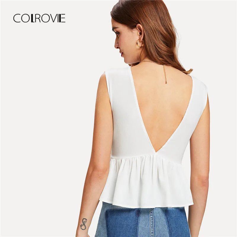 COLROVIE погружающийся V-Neck кружевной Обрезной жабо подол Топ Белый контрастный кружевной гофрированный подол Женский Топ Глубокий v-образный вырез укороченный жилет