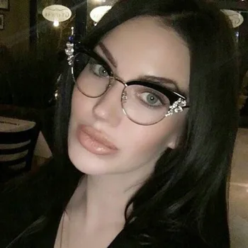 

Fashion Luxury Cat Eye Sunglasses Women 2017 New Brand Designer Half Frame Crystal Diamond Clear Sun Glasses oculos de sol UV400