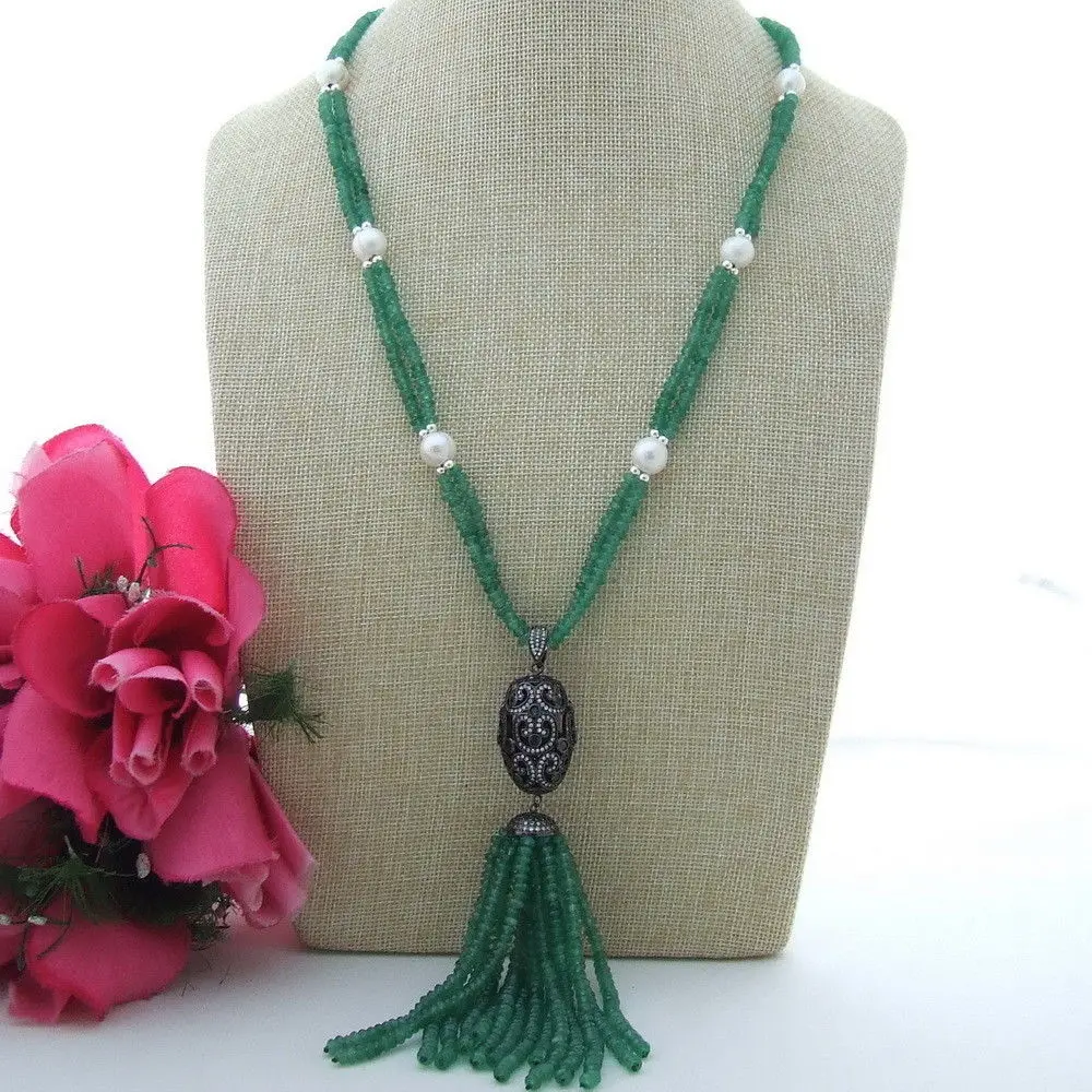 

S121601 25" Round Pearl Green Stone CZ Pendant Necklace