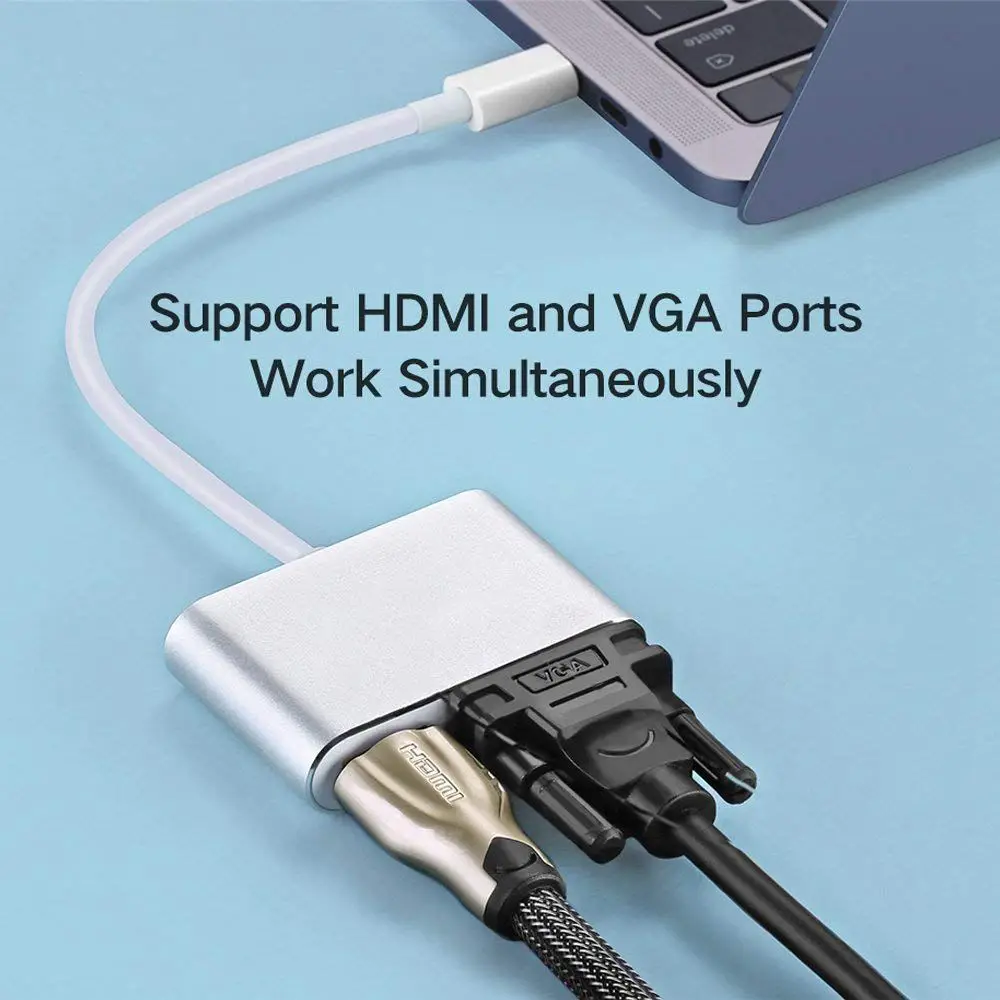 USB C к HDMI + VGA Type (Thunderbolt 3 совместимый) 4K адаптер совместимый MaecBook Pro/Chromebook