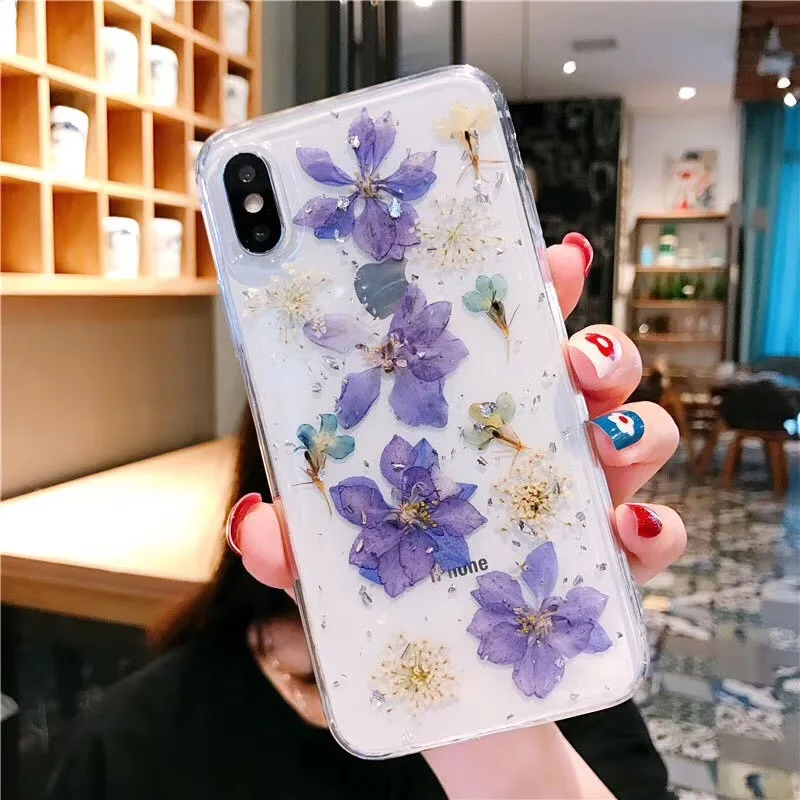 55a Прозрачный высушенный цветочный блестящий чехол для телефона iPhone 7 8 X XS Max XR 6 6s Plus настоящие цветы задняя крышка Мягкий ТПУ силиконовый чехол - Цвет: 55a