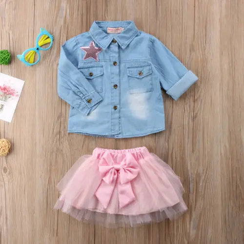 Модная детская одежда для маленьких девочек костюм Принт звезды с длинным рукавом джинсовые карманы короткими Шнуровка с бантиком юбка летняя одежда комплект
