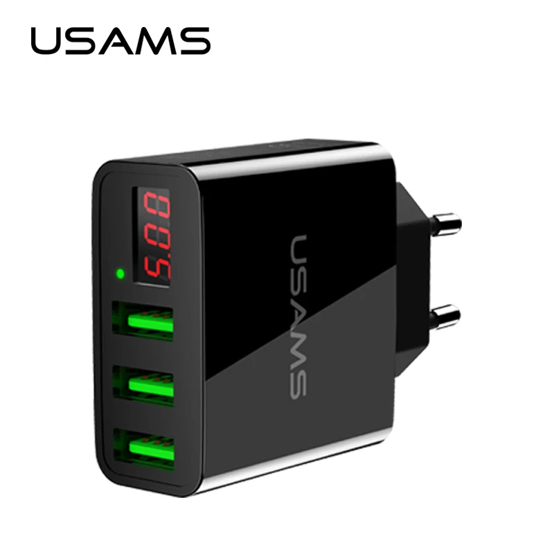 

USAMS 3 USB phone charger totally max 3A output current EU/US charger for iPhone Samsung Xiaomi charger with LED display charger
