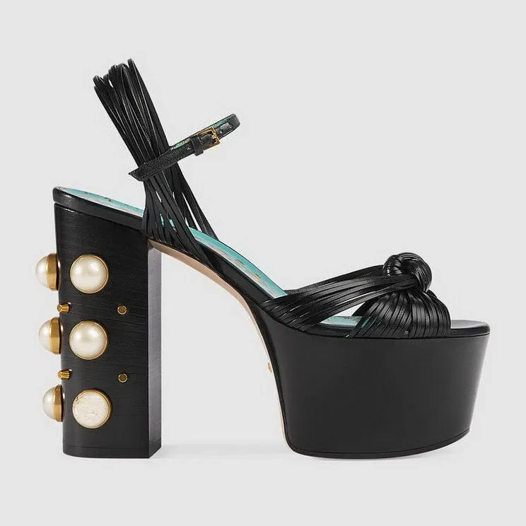 

2019 summer new fashion thick with super high heel platform high heels women beaded pearl decorative high heels