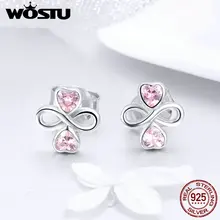 WOSTU, настоящее 925 пробы, серебряные, романтические, Бесконечная любовь, с розовыми кристаллами AAA, серьги-гвоздики для свадьбы, брендовые ювелирные изделия, подарок FIE455