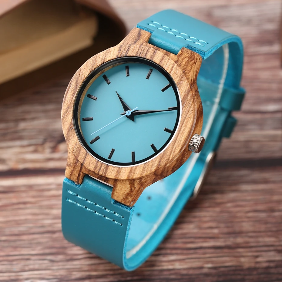 Fashion Blue Wooden Bamboo Quartz-watch Natural Wood Wristwatch Genuine Leather Creative Xmas Gift for Men Women Reloj de madera 2017 2018 (22)