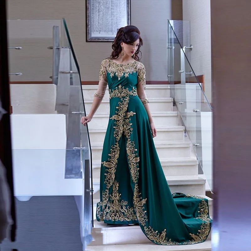 vestido-de-noiva-Arabic-Kaftan-Emerald-Green-Evening-Dresses-Long-Half-Sleeve-Gold-Appliques-Prom-Party