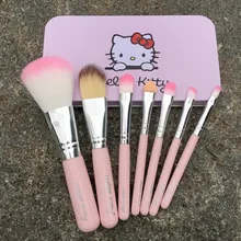7PCS Newest Pink Hello Kitty Makeup Brush Set Mini Size Professional Cosmetics Make Up Brushes Set For MAC With Metal Box VH012
