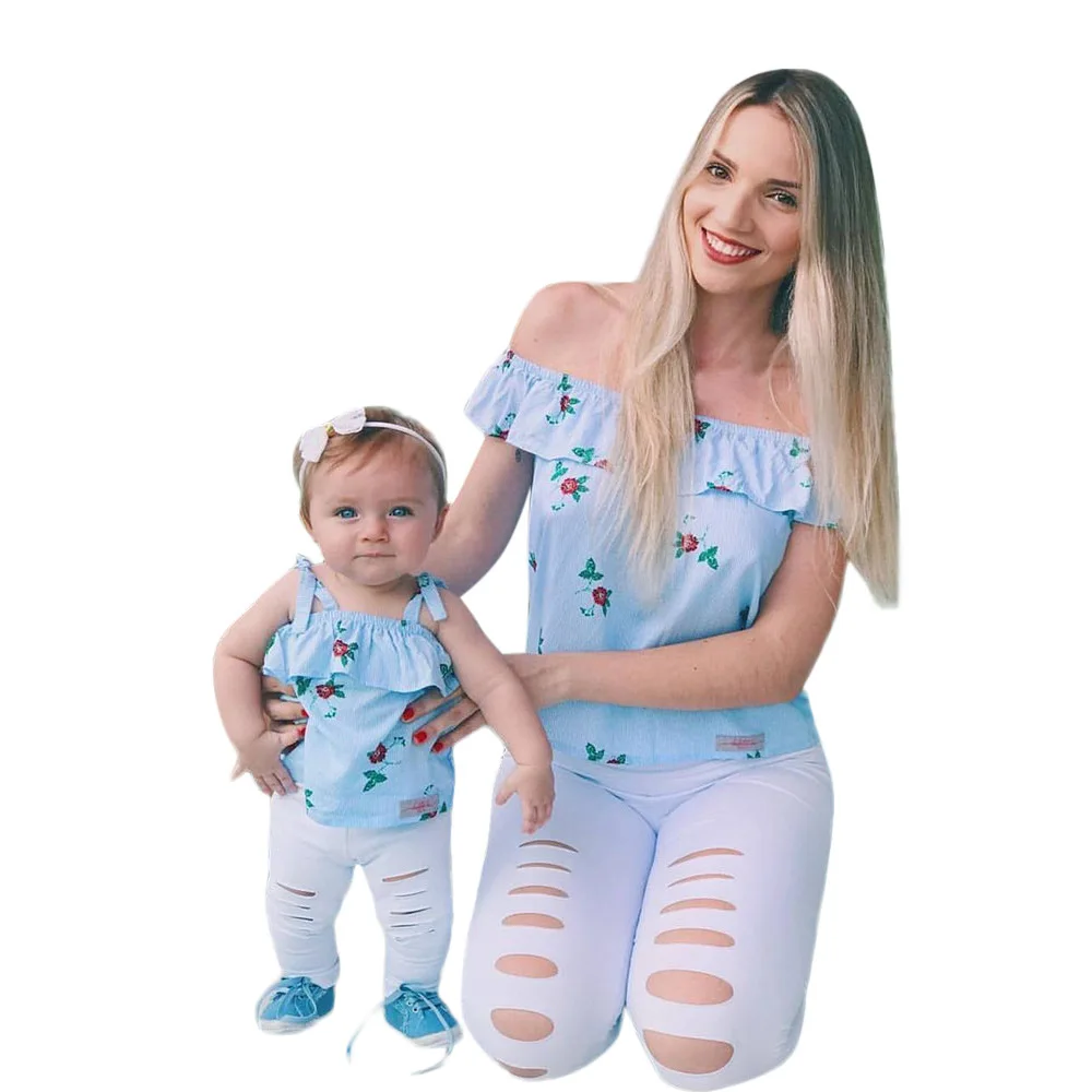 

ZOGAA 2019 Causal Off Shoulder Mommy and Daughter Matching Clothes Top Print Sleeveless T-shirt Mother and Daughter Clothes