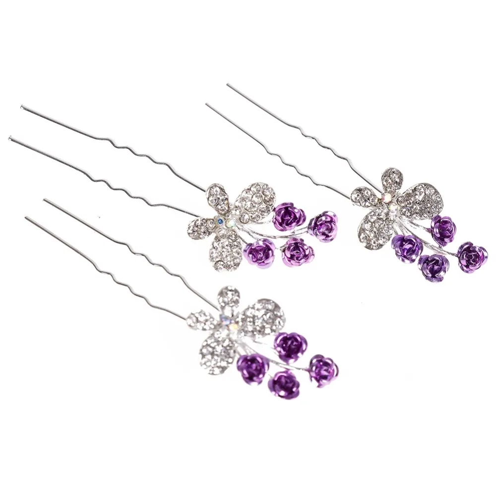 5pcs Lot Crystal Butterfly And Purple Flower Hair Pins Bridal