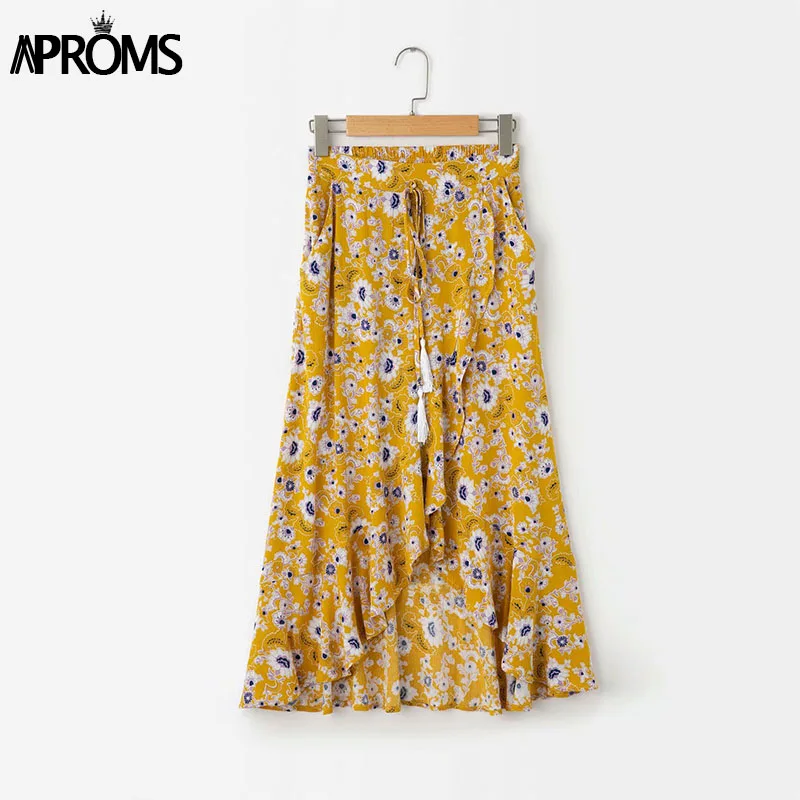 Aproms в стиле бохо, цветочный принт, Женская юбка миди, высокая талия, эластичные пуговицы, юбка с оборками,, летняя элегантная женская длинная юбка - Цвет: Yellow