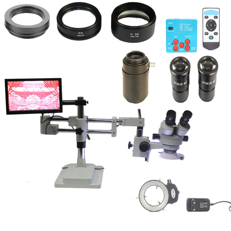 

3.5X-90X Double Arm Boom Stand Trinocular Stereo Microscope +0.5X 2.0X auxiliary Objective lens +30MP HDMI Microscopio camera