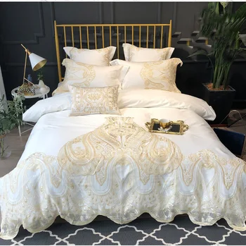 

luxury White 4/6p Egyptian cotton Embroidered Bedding set Queen King Europe Noble Lace Edge Duvet cover Bed sheet set Pillowcase