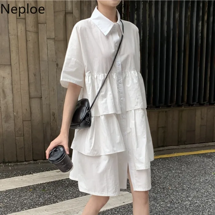 

Neploe Layered Ruffles Patchwork Blouse Dress Single Breasted Short Sleeve Knee-length Dresses Women A-line Vestidos 53650
