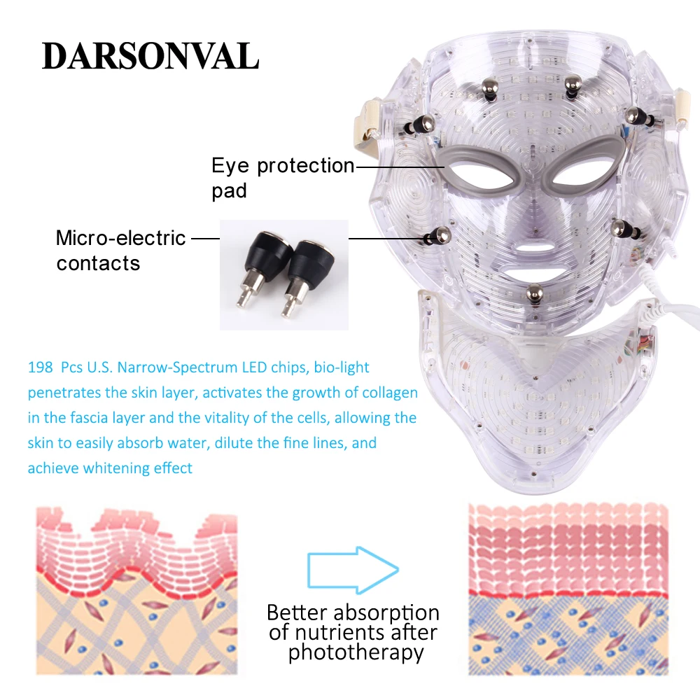  Darsonval 7 Colors Led Face Neck Mask Facial PDT Led Light Therapy Photon Phototherapy Device White - 33053635093